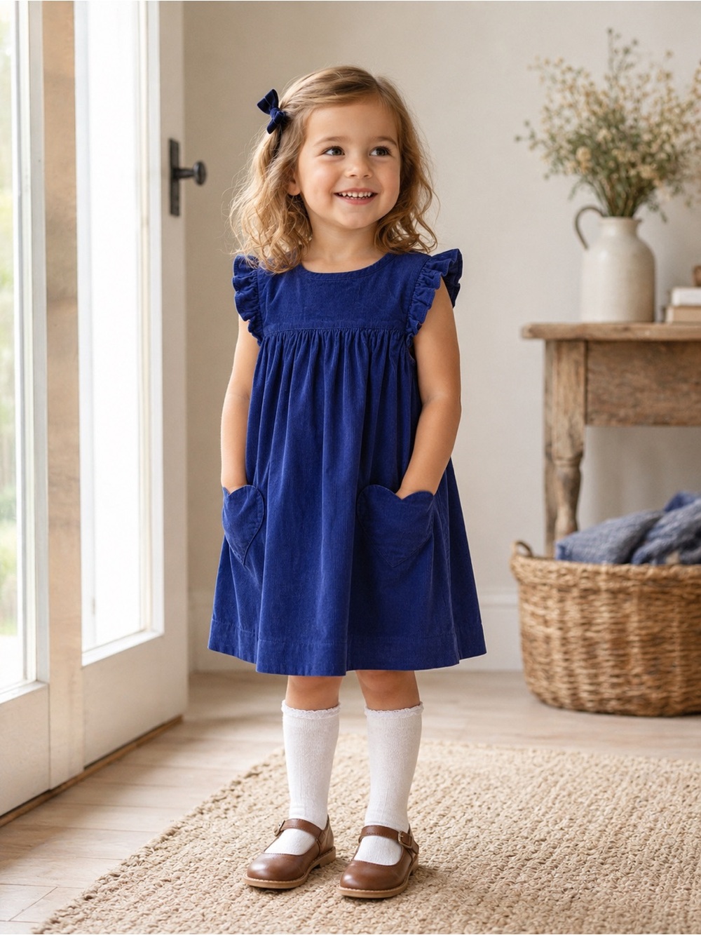 Mini Boden Dress Girls 5-6Y Blue Corduroy Flutter Sleeve Heart Pocket Heritage